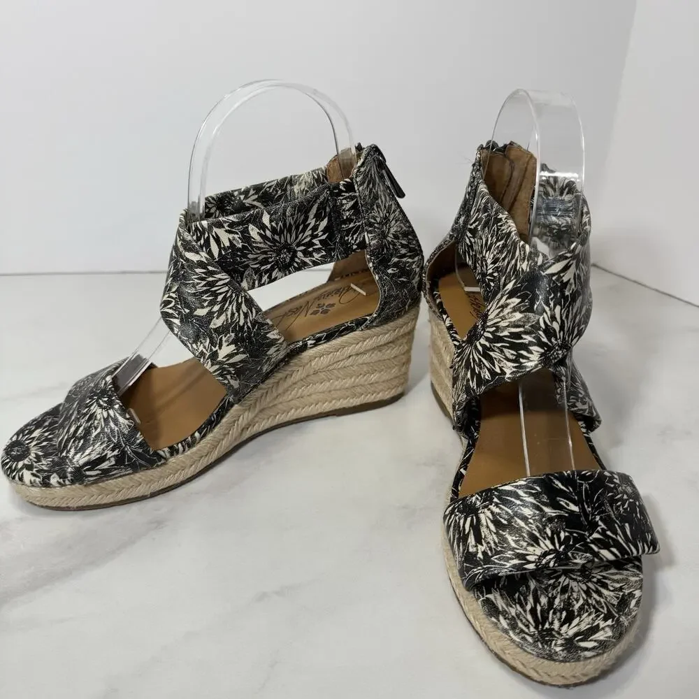 PATRICIA NASH Rubia Jute Wedge Sandal Size 6.5M Black Floral Leather Strappy EUC